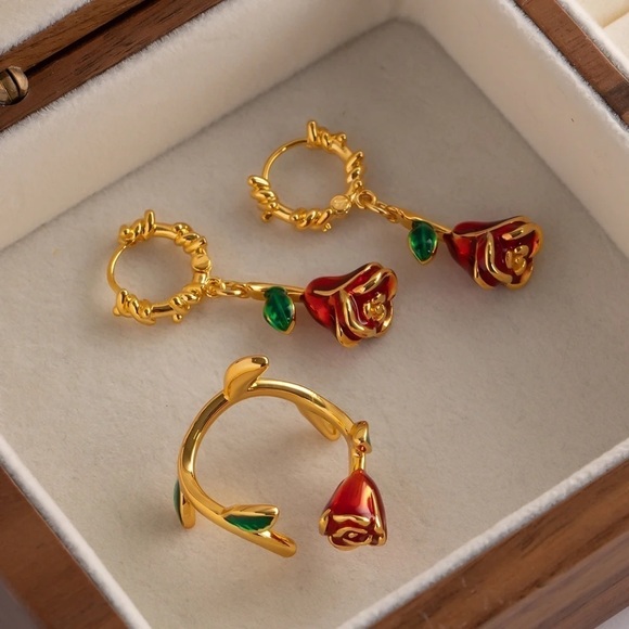 18K Gold Plated Enamel Red Rose Earrings - Picture 5 of 7